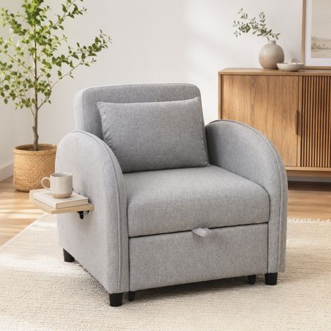 Fauteuil‑lit 3‑en‑1 extractible tissu lin, dossier réglable, table d’appoint intégrée, gris (1/5)
