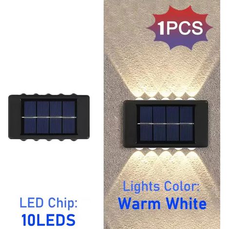(10 LED - 1 pièce - Lumière chaude) Appliques solaires murales extérieures étanches, éclairage LED de sécurité vers le haut et vers le bas, compatibles avec la décoration de jardin, cour et clôture. (1/5)
