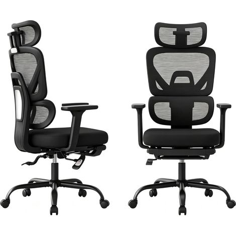 Silla de oficina ergonómica giratoria negra con reposapiés y reposacabezas 3D (1/5)