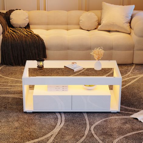 Couchtisch mit 2 Schubladen LED 100x50 cm Weiß OKMYHOME (1/5)
