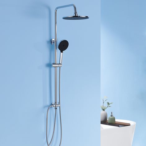 Conjunto de ducha cromado Columna de ducha redonda sin grifo, ducha de lluvia con ducha fija y 4 modos de chorro, ducha de mano, altura ajustable de 74 a 112 cm para ducha y bañera (1/5)