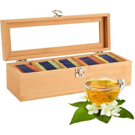 Boîte à thé à 5 compartiments, boîte à thé en bois, boîte de rangement, fenêtre en verre, couleur bois naturel, bambou et bois (1/5)