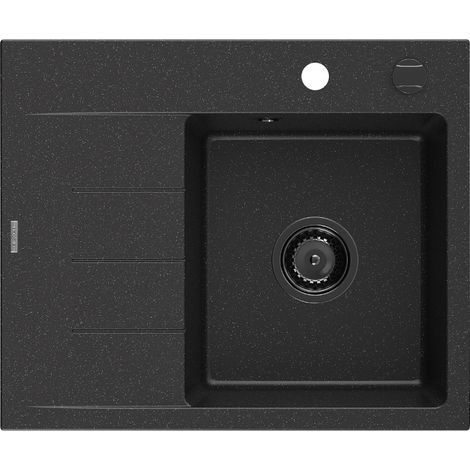Mexen Ben Granitspüle 1-Becken mit rechter Abtropffläche 600 x 500 mm schwarz/silbermetallic Siphon schwarz - 6523605000-73-B (1/5)