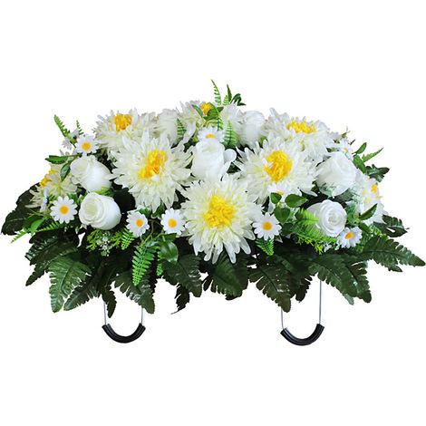 Fleurs de cimetière artificielles style selle pour pierre tombale, nouvelle décoration de cimetière, articles décoratifs extérieurs résistants aux UV (boutons de fleurs, chrysanthèmes blancs)