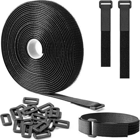 Attaches Velcro réutilisables 5 m x 2 cm, réglables, avec 25 boucles, Velcro sécable, pour la gestion et l'organisation des câbles, noires (1/5)
