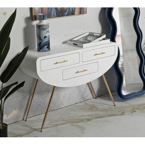 Dmora - Consola Spirito, Mesa multiusos, Gabinete de soporte, Escritorio de pasillo, 110x40 h80 cm, Blanco y Oro (1/5)