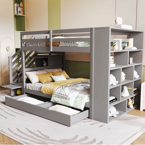 Lit superposé enfant 90x200 cm en bois de pin, cadre de lit avec escaliers, casiers, 2 tiroirs,Barrière de sécurité,sommier à lattes (1/5)