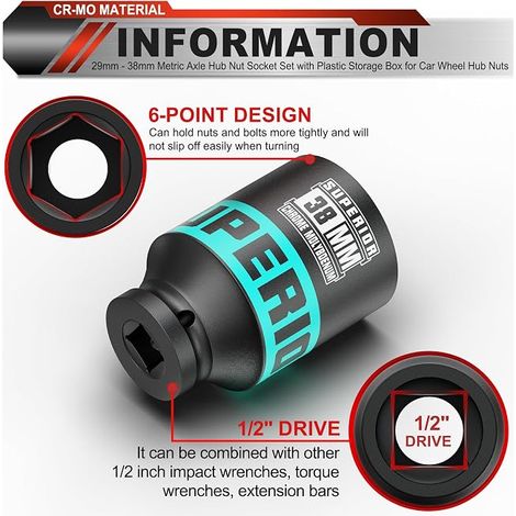 1/2" Impact Sockets Metric Sockets 29-38mm Deep Impact Sockets with Portable Storage Case for Automotive Repair and Tire Replacement (1/4)