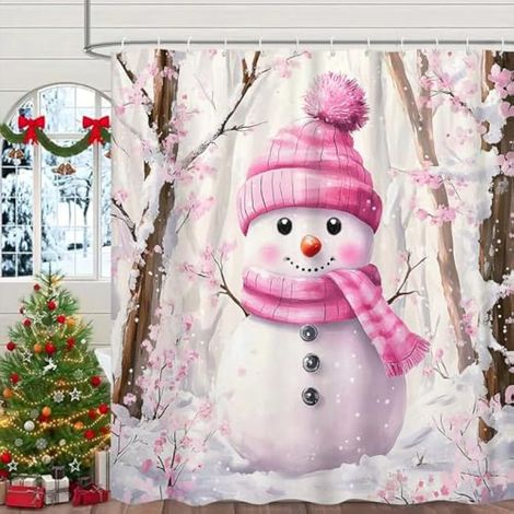 Rideau de douche rose de Noël bonhomme de neige, bonhomme de neige, flocon de neige, accessoires de salle de bain décoratifs en tissu, avec crochets, 183 x 183 cm (1/5)
