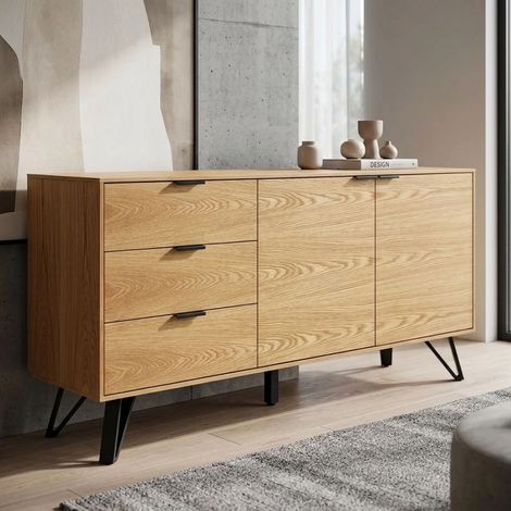 Buffet 165 cm 2 portes 3 tiroirs placage bois pieds métal – ONYX 2 (1/5)