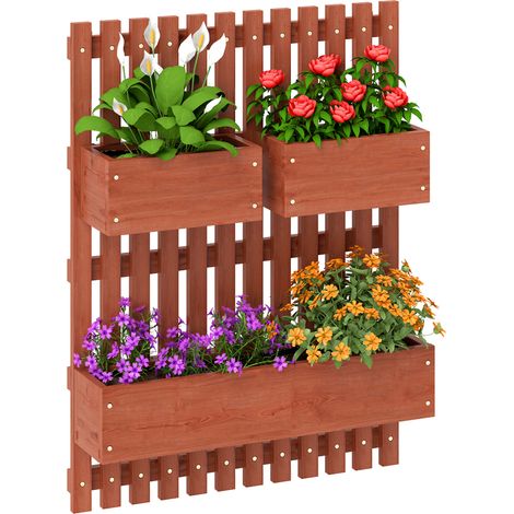Fioriera Verticale a Doghe con 3 Vasi Rimovibili, in Legno di Abete, 60x16x80 cm, Marrone