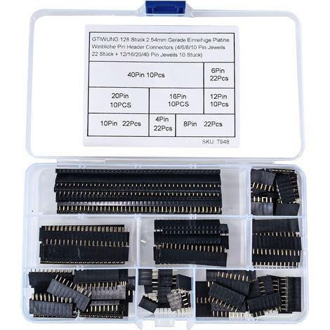 128 Pieces 2.54mm Single Row PCB Female Pin Connector Strip Kit Female Pin Header Socket Straight Cut (4/6/8/10 Pins, 22 Pieces Each + 12/16/20/40 Pins, 10 Pieces Each) (1/5)