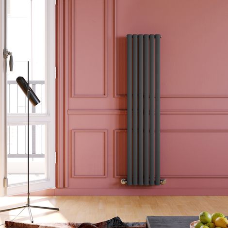 ELEGANT Central Heating Radiator 1600 x 354mm Vertical Anthracite Single Panel Oval Column Rad + Angled Radiator Valves (1/5)