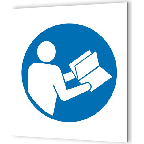 Pictogramme d'Obligation Consulter la notice d'instruction - Panneau signalétique Dibond blanc - Rond bleu pictogramme blanc - 20x20 cm, 3 mm épaisseur (1/5)