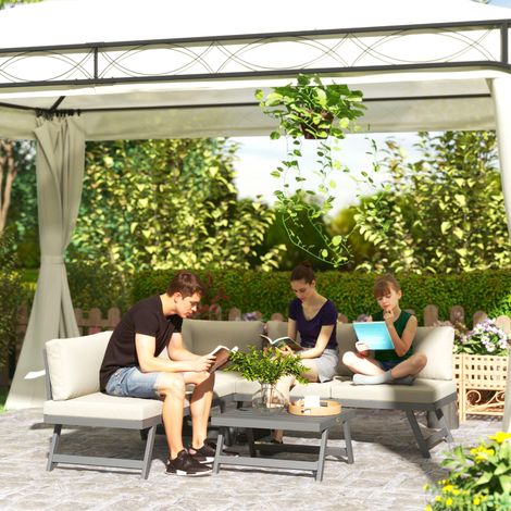 Ensemble salon de jardin d'angle et convertible 4 pièces avec 2 banquettes, 1 fauteuil d'angle et 1 table basse