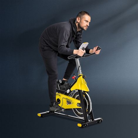 Vélo d’appartement sport hauteur réglable, 5x100x101-113 cm, roulettes, affichage LCD, acier et ABS, design jaune et noir, 45