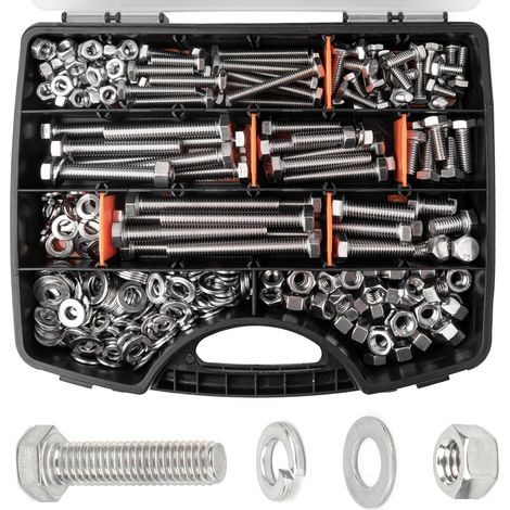 405-Piece Hex Bolt Assortment Kit: 1/4-20,  5/16-18,  3/8-16 Heavy Duty Bolts,  Nuts,  Assorted Flat Spring Washers,  Includes 3" Long Bolts,  3/4" to 3" Lengths (1/5)