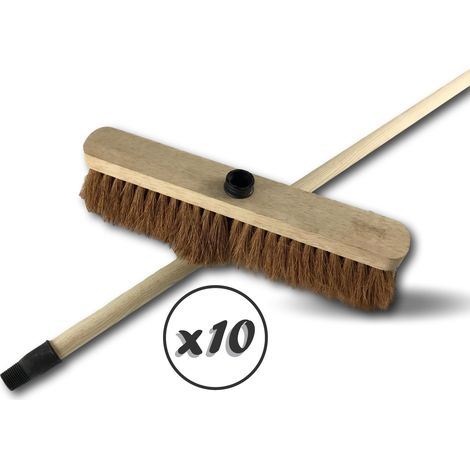 Balai de ménage en fibres de coco naturel long Lot de 10 Longueur 37,5 cm Douille vissante plastique Manche bois 1,25 m Kibros 211726Mx10