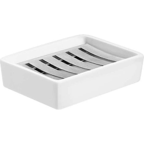 Porte-savon en céramique et en acier inoxydable pour salle de bain et douche, double compartiment avec égouttage. (1/5)