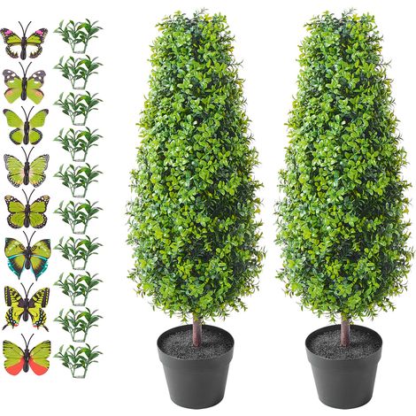 Mophorn 36 inch Artificial Boxwood Topiary Tree, 2 Pieces. Faux topiary trees with extra leaves, pot and small decoration. UV rated set for indoor/outdoor home decor.
