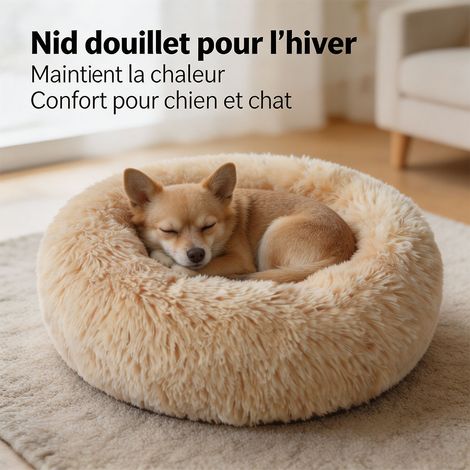 Ce panier rond et souple, de 40 cm de diamètre, convient aux chats et aux chiens et peut servir de couchage chaud et confortable en hiver. Jaune clair. (1/5)