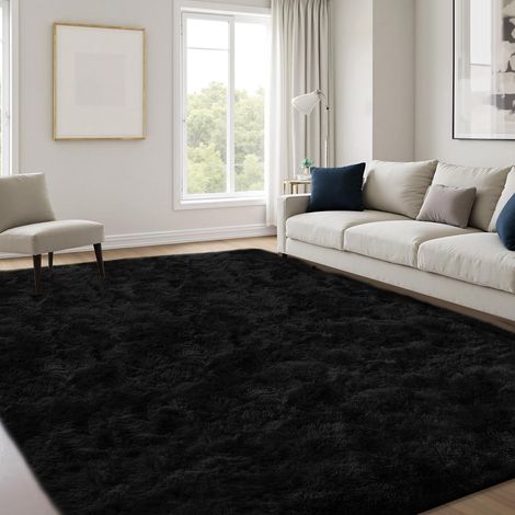 Tapis Salon Poils Longs, Doux Lavable Antidérapant Moderne pour Chambre Bureau Salle à Manger Enfant, 120x170 cm, Noir (1/5)