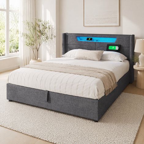 Lit coffre 160x200 avec LED, ports USB et USB-C, sommier à lattes, revêtement en lin gris DESVIAE (1/5)
