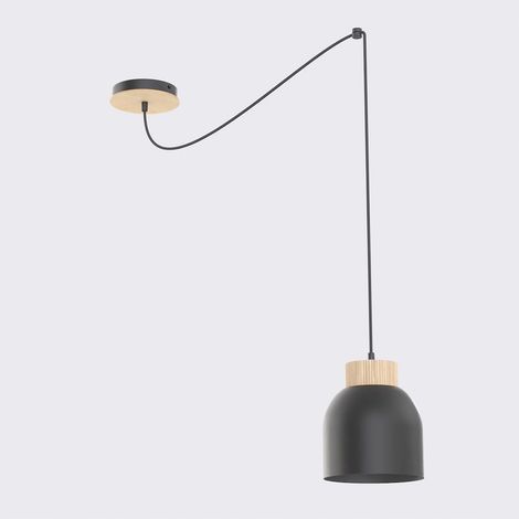 Lampada a sospensione Kru in acciaio nero opaco e legno (1/5)