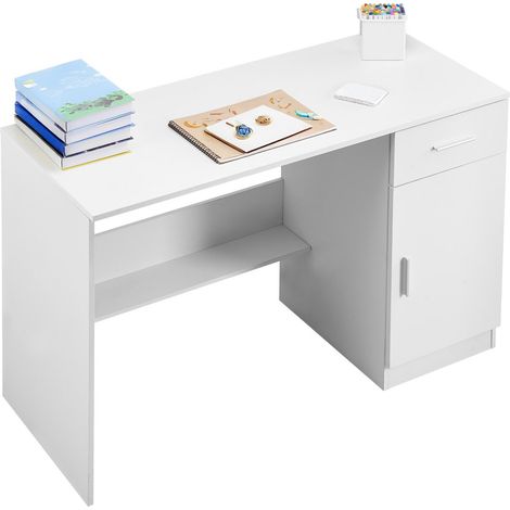 Petit bureau avec tiroir pour chambre à coucher, table d'étude simple en bois pour dessiner, lire et écrire, bureau d'ordinateur en MDF avec rangement et étagère réglable, pour maison, blanc (1/5)