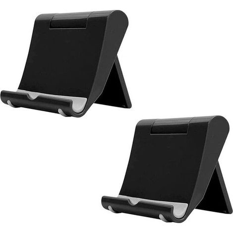 Soporte plegable y ajustable de 2 piezas para teléfono, con base de goma antideslizante, ideal para escritorio, cocina, viajes, smartphones y tablets - Negro (1/5)
