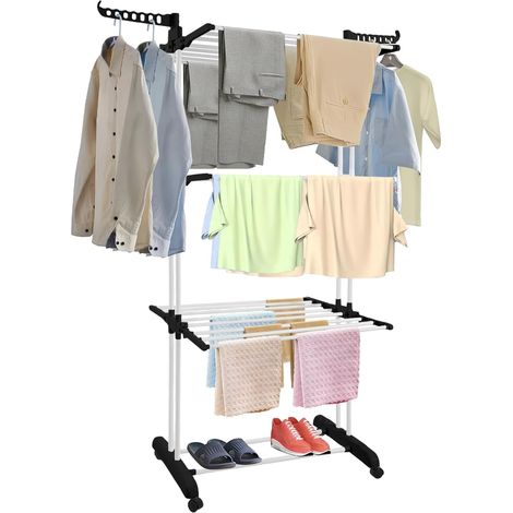 Youyijia Klappbarer Wäscheturm mit 3 Ebenen & 2 Seitenflügeln Edelstahl Wäscheständer mit Rollen und Bremsen 35 kg Traglast Platzsparend für Innen- und Außenbereich (Schwarz) (1/5)