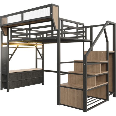 Cama alta metálica 140 x 200 cm negra con estante, barra, cajones de tela y LED (1/5)