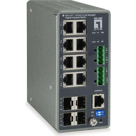 LevelOne IGU-1271 TURING Conmutador industrial Gigabit gestionado L3 Lite de 12 puertos, 4 x SFP, carril DIN (1/4)
