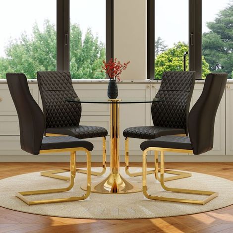 Chaise de Salle à Manger diamètre 85 cm verre trempé cadre métal doré 4 chaises noir et doré style moderne (1/5)