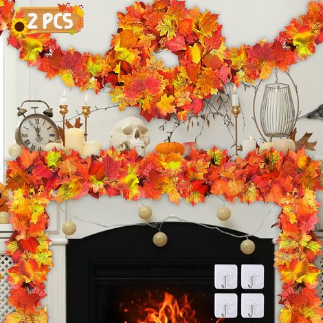 Künstliche Ahornblattgirlanden, 2-teilige künstliche Herbstblattgirlande mit 4 Haken, Dekoration für Kamin, Garten, Herbst, Halloween, Erntedankfest, drinnen/draußen (1/5)
