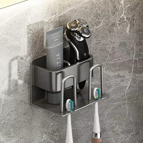 Porte Brosse à Dents Mural sans Perçage, Support de Brosse à Dents électrique, Porte Brosse à Dents Adhésif avec 2 Tasses Support + 2 Fentes Têtes de Brosses à Dents Étagère (1/5)