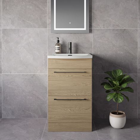 Napoli 390 Light Oak 500mm 2 Drawer Vanity Unit with Arc Basin - 500mm - Gunmetal Grey 320mm Handle