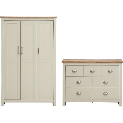 Cream 2 Piece Bedroom Set 3 Door Wardrobe & Chest of Drawers Oak Wood Modern (1/5)