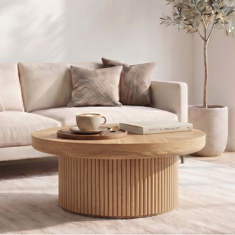 Table basse ronde 78 cm à plateau épais 8 cm, base cylindrique cannelée, bois d’ingénierie, salon - naturel (1/5)