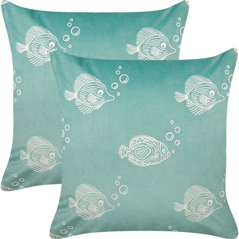Lote de 2 cojines decorativos de terciopelo con motivo de peces en color verde 45 x 45 cm Solidago (1/5)