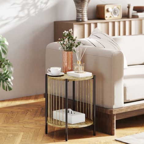 Table d'appoint ronde à 2 niveaux avec étagère et structure en acier pour salon/chambre, 43,5 x 43,5 x 51 cm, couleur naturelle