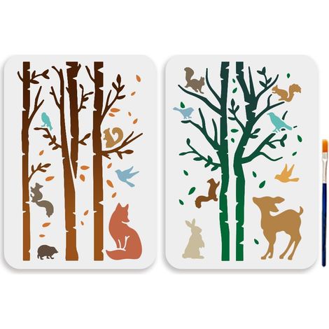 Lot de 2 pochoirs animaux de la forêt 29,7 × 21 cm avec pinceau - Paysage naturel écureuils, renard, lapin, oiseaux, cerf, pour bois, mur, toile, meubles (1/5)