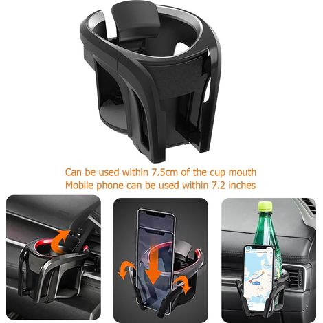 Support de gobelet et de téléphone pour grille d'aération, support de boisson multifonctionnel 2 en 1, universel pour SUV, camionnette et fourgonnette (noir/argent)
