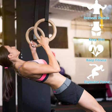 Anneaux de Gymnastique en Bois 32mm, Anneaux Sport Olympique avec Sangle Antidérapante, Boucle Réglable et Marqueurs - Anneaux d'entraînement pour Entraînement Complet du Corps