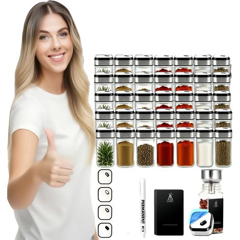 Juego de botes para especias, soporte giratorio de 360°, almacenamiento ajustable, 35 piezas. (1/2)