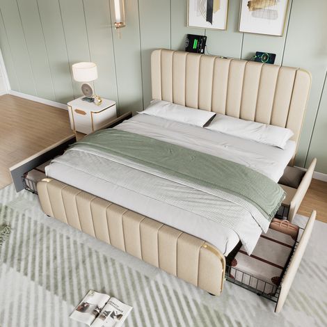 letto matrimoniale 160x200 con cassetti USB lino beige HAVRYA (1/5)