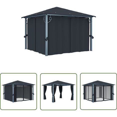 The Living Store Tonnelle avec rideau 300x300 cm Anthracite Aluminium - Abri Solaire - Tonnelle Extérieure - Gazebo - Tente De Jardin - Structure Extérieure (1/5)