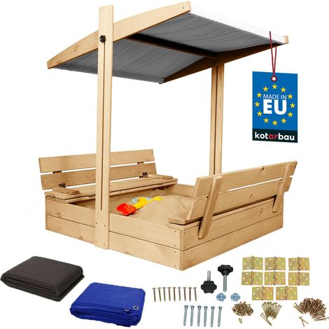 KOTARBAU® Bac à Sable Enfant Extérieur Bois de Pin 100x100 cm Naturel Bac à Sable avec Couvercle et Bancs Pliables Protection Solaire avec Toit Gris