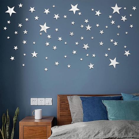 Lot de 40 autocollants muraux en forme d'étoile - Décoration murale - 3D - Acrylique - Étoiles miroir - Décoration de maison - Papier peint argenté (1/5)