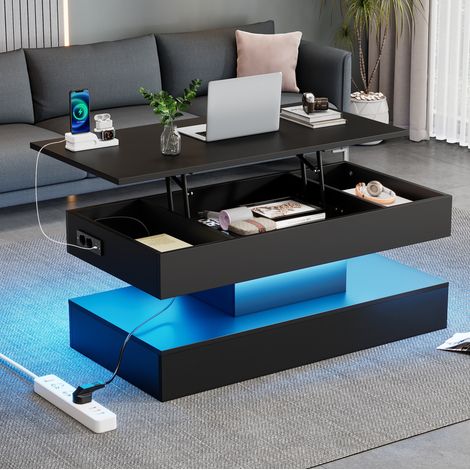 Tavolino da caffè 100x50x42 cm nero in truciolare con piano sollevabile, LED, prese UE e vano contenitore (1/5)